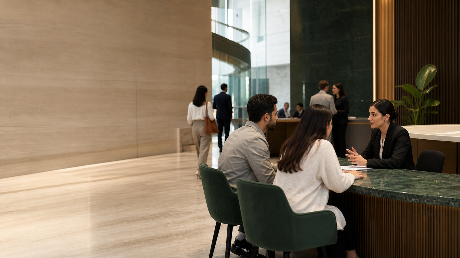 Customers meeting an advisor in a contemporary banking hall